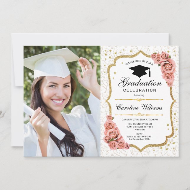 Graduierungsparty mit Foto - Goldener Weiß Einladung (Vorderseite)