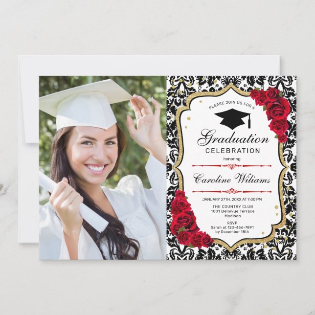Graduierungsparty mit Foto - Goldschwarz Einladung (Vorderseite)
