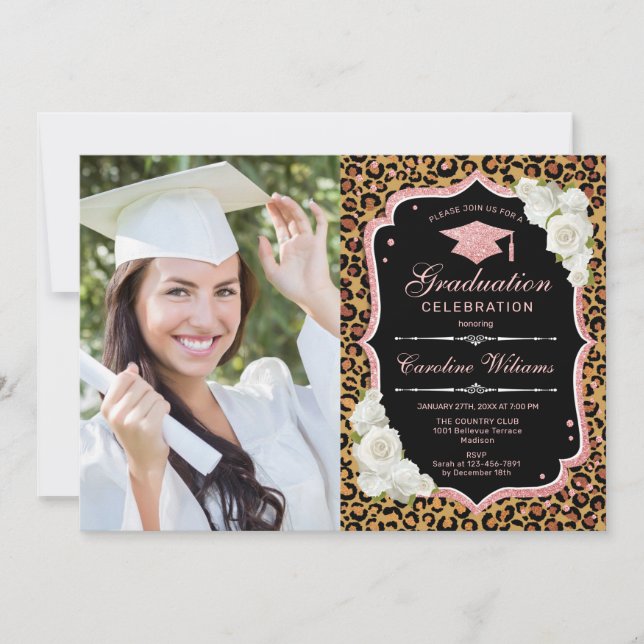 Graduierungsparty mit Foto - Leopard Rose Gold Einladung (Vorderseite)
