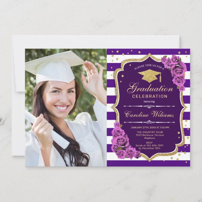 Graduierungsparty mit Foto - Lila Gold Einladung (Vorderseite)
