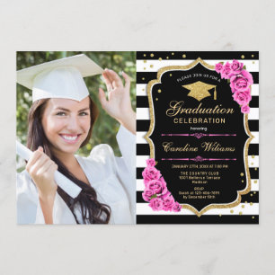 Graduierungsparty mit Foto - Rosa Schwarz Einladung