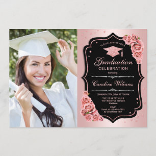 Graduierungsparty mit Foto - Rose Gold Black Einladung