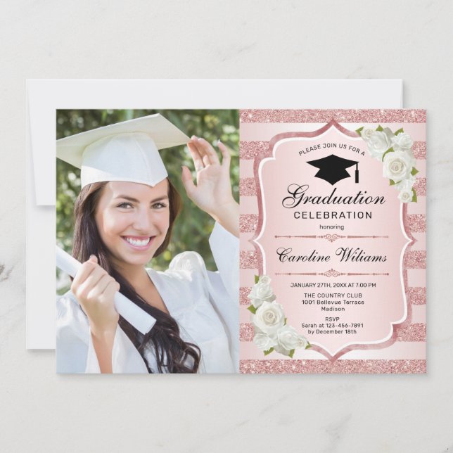 Graduierungsparty mit Foto - Rose Gold Weiß Einladung (Vorderseite)