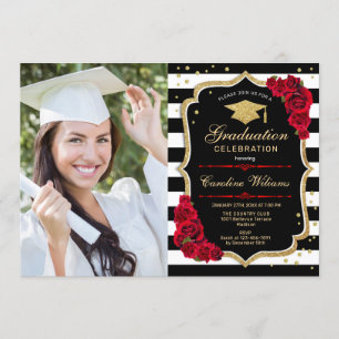 Graduierungsparty mit Foto - Rotes Gold Schwarz Einladung