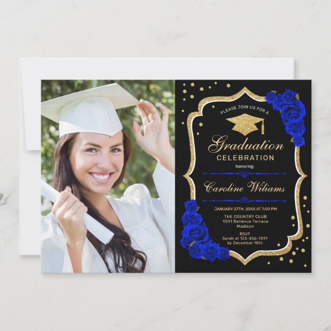 Graduierungsparty mit Foto - Royal Blue Gold Einladung (Vorderseite)