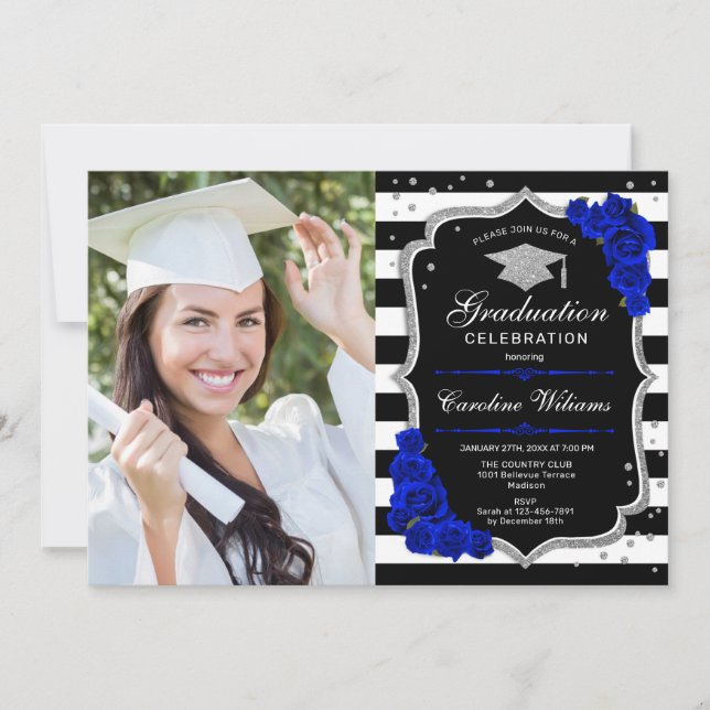Graduierungsparty mit Foto - Royal Blue Silver Einladung (Vorderseite)