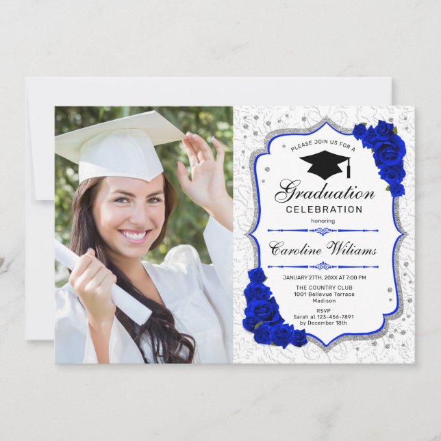 Graduierungsparty mit Foto - Royal Blue White Einladung (Vorderseite)