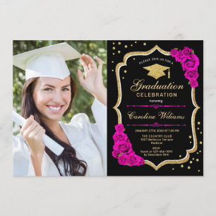 Graduierungsparty mit Foto - Schwarz-Gold-Heiß-Ros Einladung