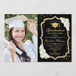 Graduierungsparty mit Foto - Schwarz-Gold-Weiß Einladung