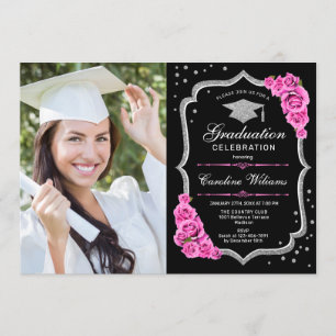 Graduierungsparty mit Foto - Schwarz-Silber-Rosa Einladung