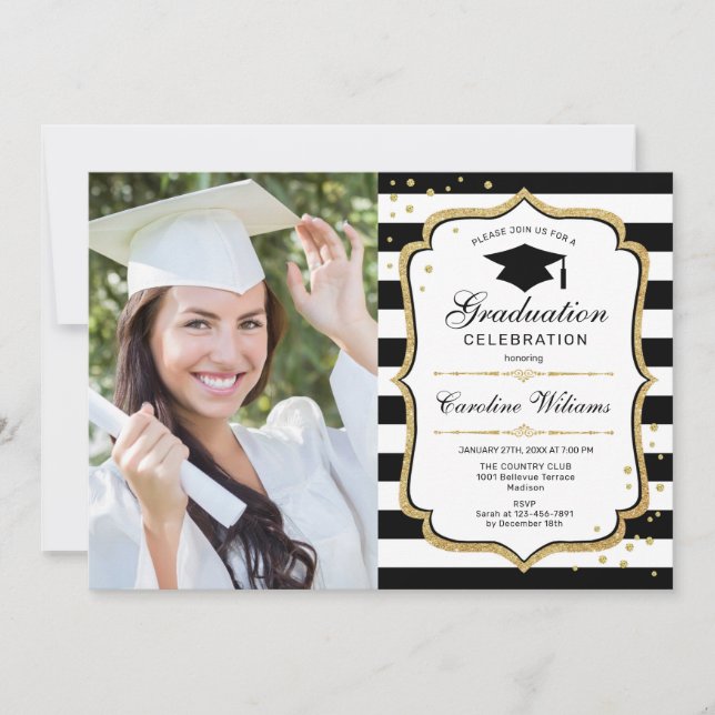 Graduierungsparty mit Foto - Schwarz-weißes Gold Einladung (Vorderseite)