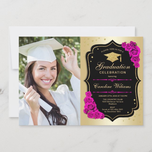 Graduierungsparty mit Foto - Schwarzes Rosa Einladung (Vorderseite)