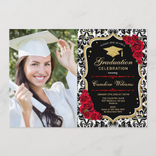 Graduierungsparty mit Foto - Schwarzes Rotes Gold Einladung