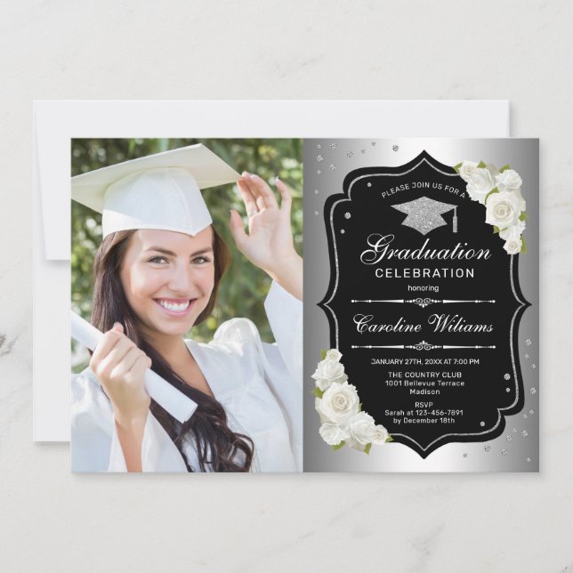 Graduierungsparty mit Foto - Silber Schwarz-weiß Einladung (Vorderseite)