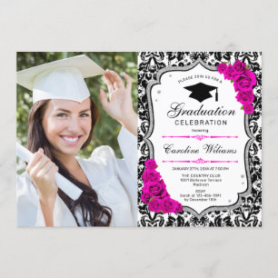 Graduierungsparty mit Foto - Silberrosa Weiß Einladung