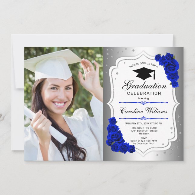 Graduierungsparty mit Foto - Silver Royal Blue Einladung (Vorderseite)