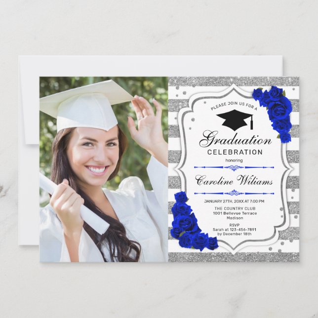 Graduierungsparty mit Foto - Silver Royal Blue Einladung (Vorderseite)