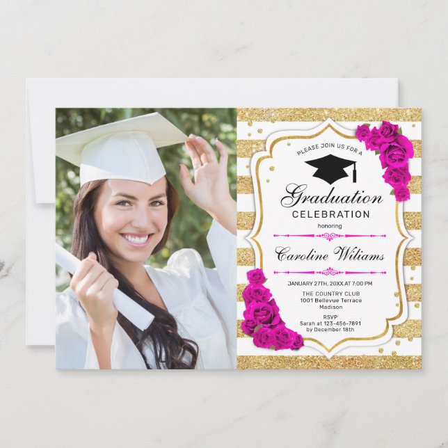 Graduierungsparty mit Foto - Weißes Rosa Gold Einladung (Vorderseite)