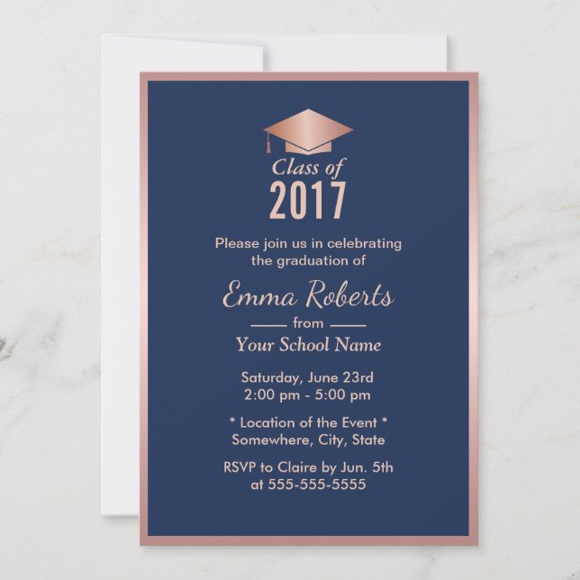 Graduierungsparty Moderne Rose Gold & Navy Blue Einladung (Vorderseite)