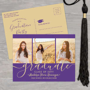 Graduierungsparty Modernes Lila und Gold 3-Foto Einladungspostkarte