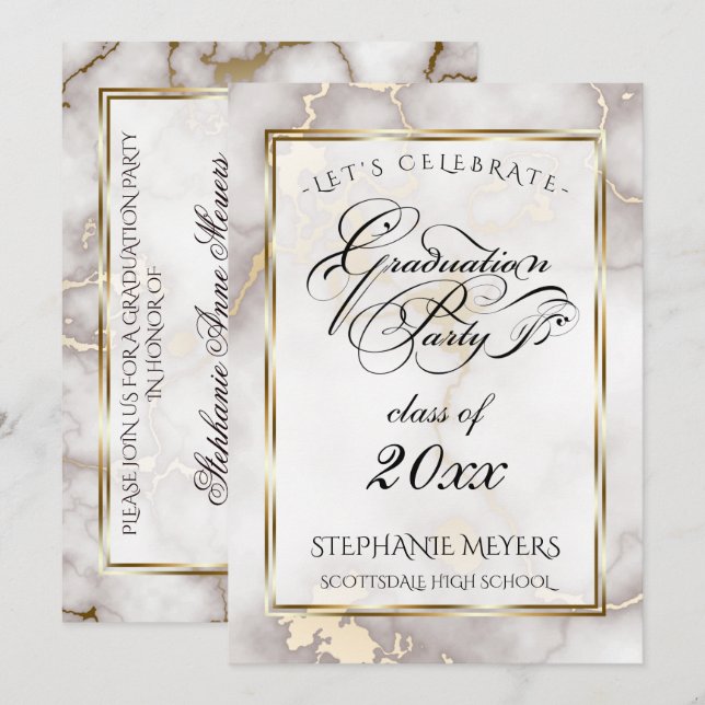 Graduierungsparty Mushroom & Gold-Marmor Einladung (Vorne/Hinten)