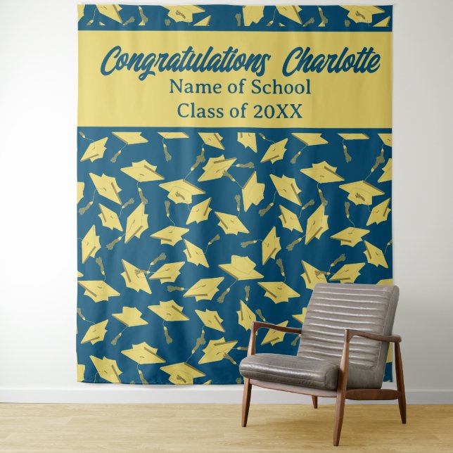 Graduierungsparty Personalisiertes Foto Op Blue &  Wandteppich (Beispiel)
