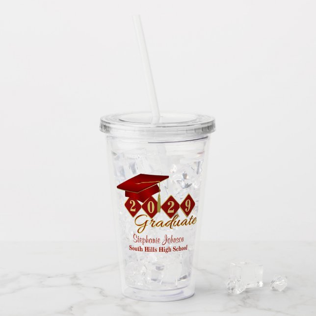Graduierungsparty Red & Gold Confetti Acryltrinkbecher (Vorderseite Ice)