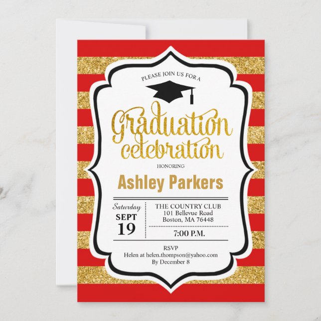 Graduierungsparty - Red Gold Streifen Einladung (Vorderseite)