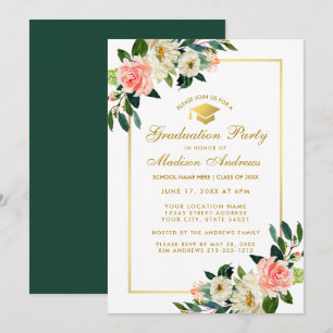 Graduierungsparty Rosa tropisches Blumen Gold Einl Einladung