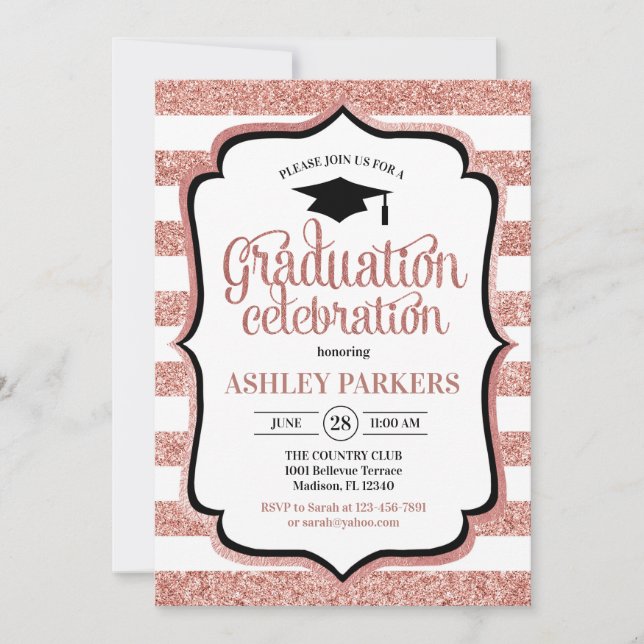 Graduierungsparty - Rose Gold White Einladung (Vorderseite)