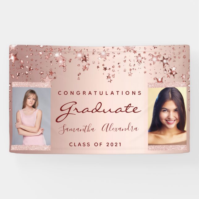 Graduierungsparty Rose goldene Sterne zwei Foto Banner (Horizontal)