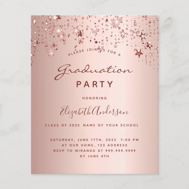 Graduierungsparty Rose Goldstars Einladung (Vorderseite)