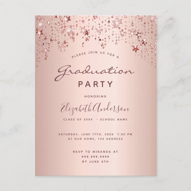 Graduierungsparty Rose Goldstars Einladung Postkarte (Vorderseite)