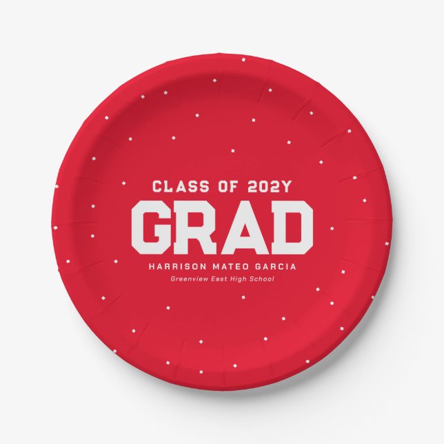 Graduierungsparty Roter Sportgrad Name Pappteller (Vorderseite)