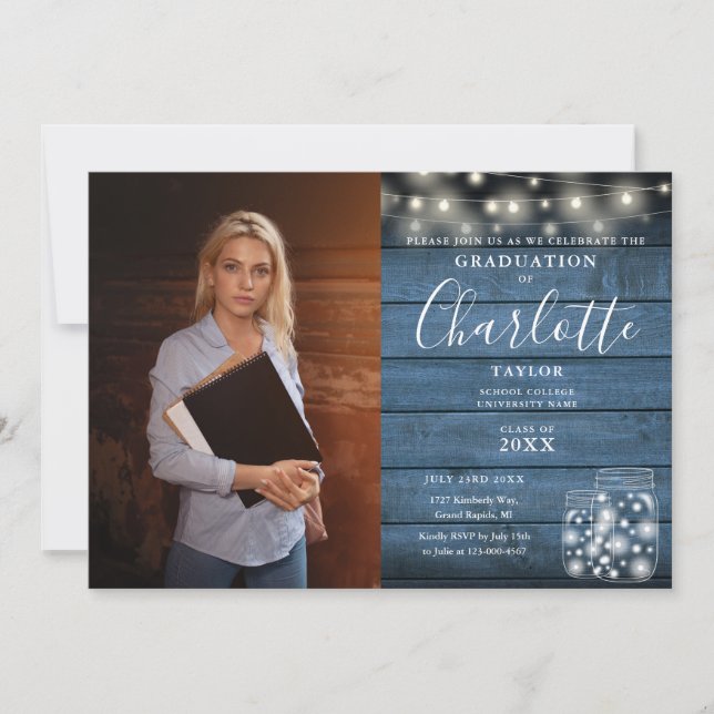 Graduierungsparty Rustic Blue Wood Lights Foto Einladung (Vorderseite)