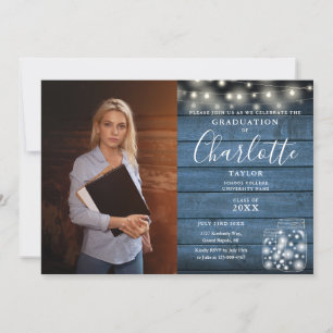Graduierungsparty Rustic Blue Wood Lights Foto Einladung