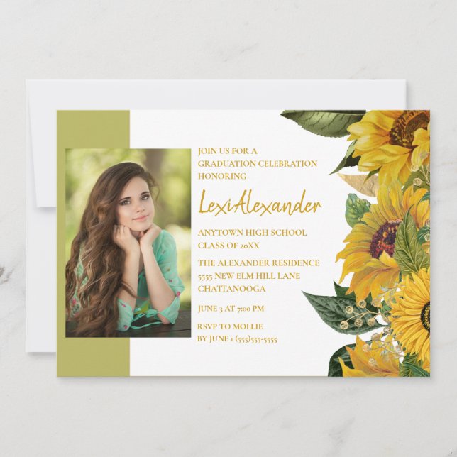 Graduierungsparty Rustikale Sonnenblumen Foto Girl Einladung (Vorderseite)