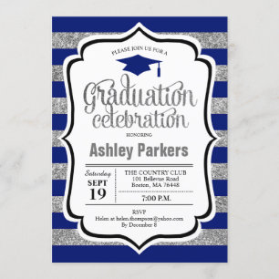 Graduierungsparty - Silver Navy Blue Stripes Einladung