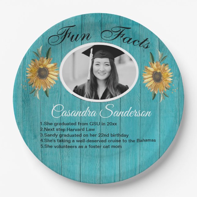 Graduierungsparty Spaß Fakten Sonnenblumen Aquamar Pappteller (Vorderseite)