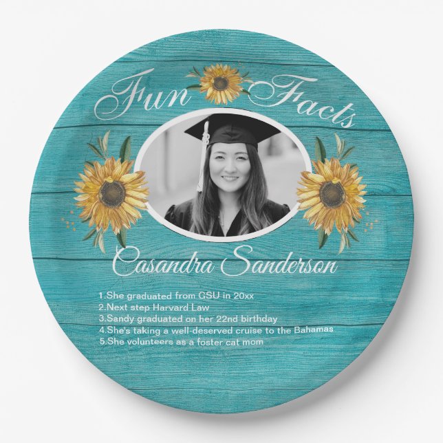 Graduierungsparty Spaß Fakten Sonnenblumen Aquamar Pappteller (Vorderseite)