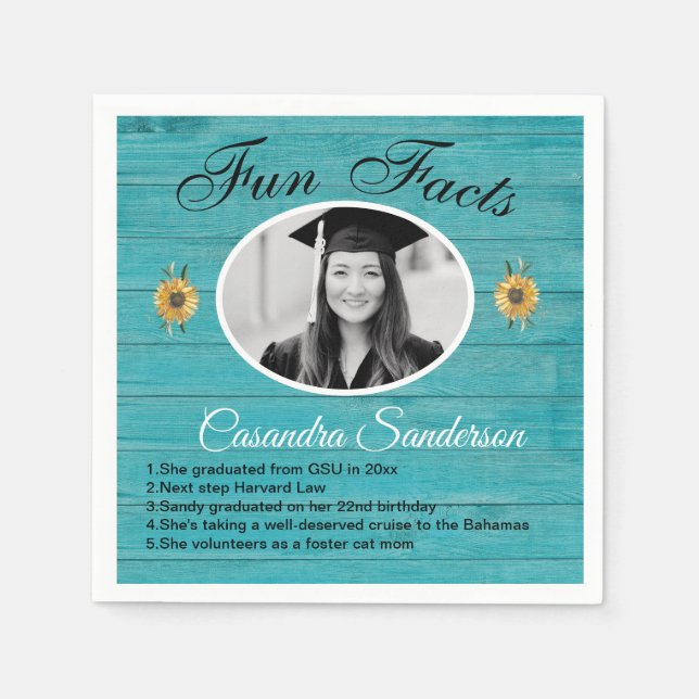 Graduierungsparty Spaß Fakten Sonnenblumen Aquamar Serviette (Vorderseite)