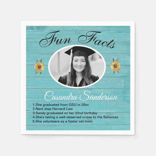 Graduierungsparty Spaß Fakten Sonnenblumen Aquamar Serviette (Vorderseite)