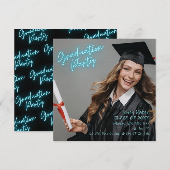 Graduierungsparty Türkis Neon Moderne Einladung (Vorne/Hinten)
