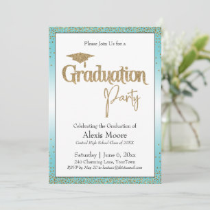 Graduierungsparty Türkis Ombre Gold Confetti Einladung