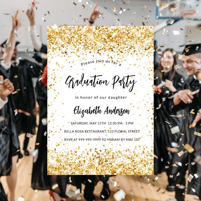 Graduierungsparty Weißgold Glitzer glamourös Einladungspostkarte (Von Creator hochgeladen)