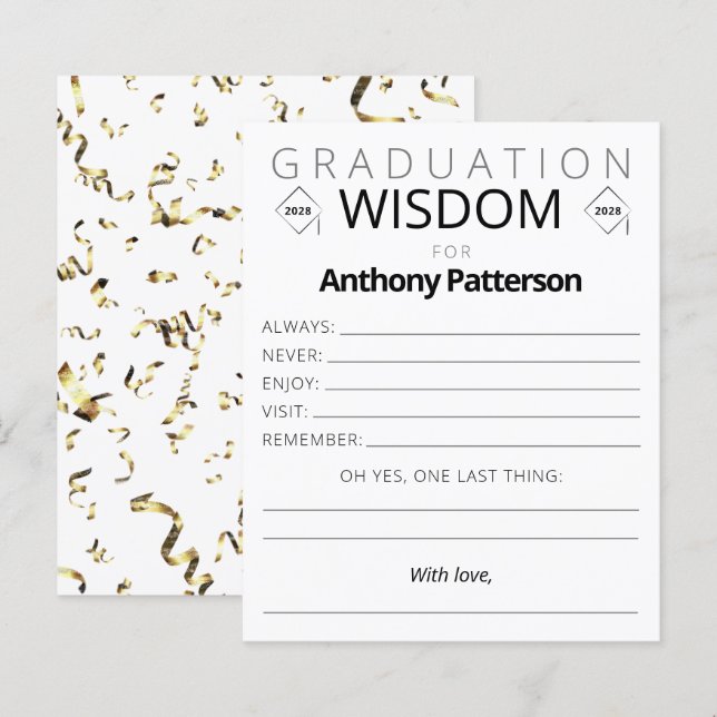 Graduierungsparty Wisdom Card Gold Confetti Gäste (Vorne/Hinten)