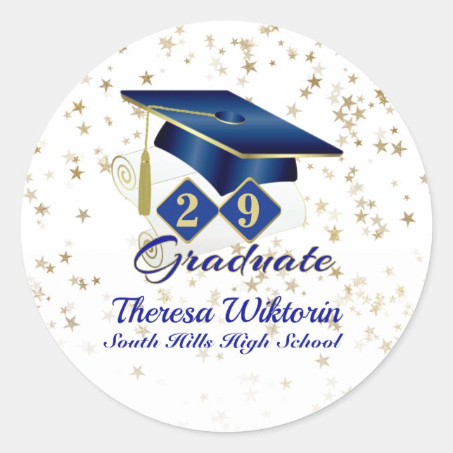 Graduierungsstufe Party Blue Gold Personalisierte  Runder Aufkleber (Vorderseite)