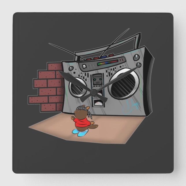 Graffiti Boom Box Break Dance Cartoon Quadratische Wanduhr (Vorderseite)