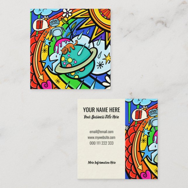Graffiti Cartoon Rainbow Weather Planet Doodle Quadratische Visitenkarte (Vorne/Hinten)
