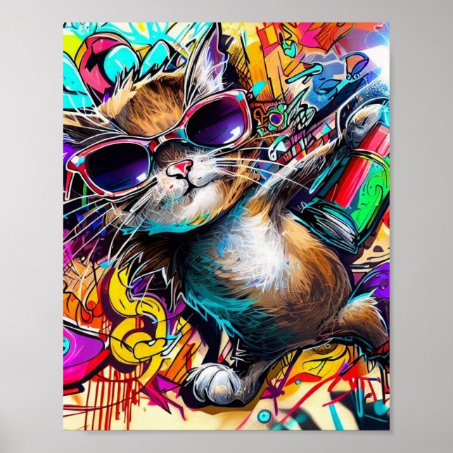 Graffiti Cat: Spray painted cat: taby street art a Poster (Vorne)